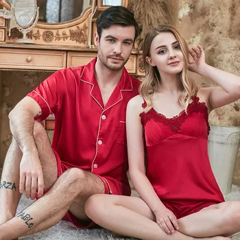 

2020 New Spring and summer newest simulation silk couple pajamas V-neck sling tops with shorts suits set pyjamas women pjs women