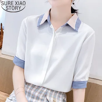 

2019 Fashion Women Chiffon Shirt Short Sleeve Turn-down Collar Office Lady Women Blouses Casual Solid Women Clothing 5385 50