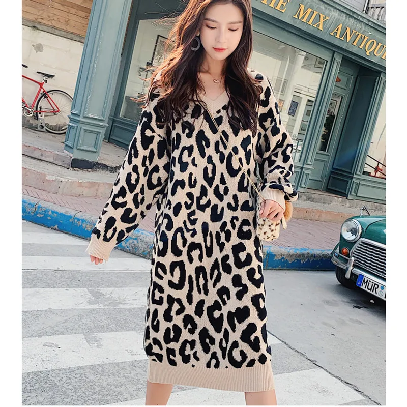 

Cashmere Plus Size Long Leopard Sweater Dress Long Sleeve V Neck Leopard Print Loose Dress 2019 Autumn Winter Women Dresses