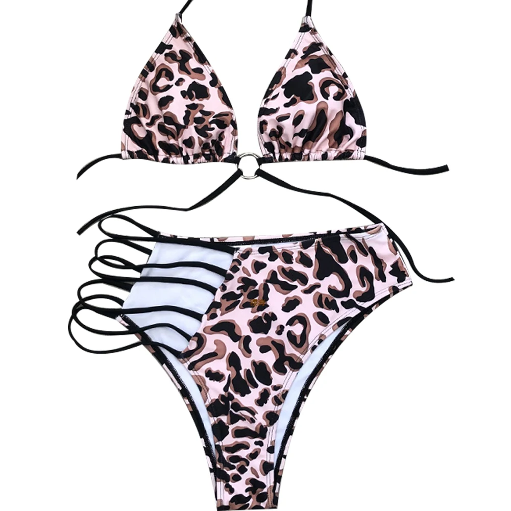 

AA Womne Bikini Set Leopard Halter Straps Bra Triangle Strap Hollow Design Panty Swimming Suit Bathing Suit Swimming Costume