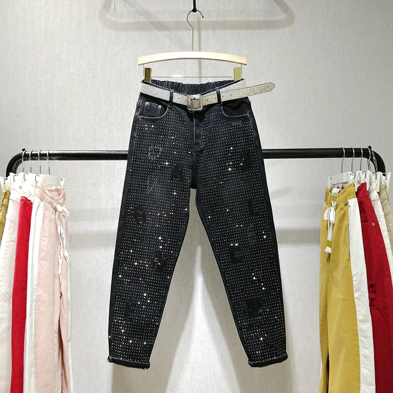 

2019 autumn and winter new elastic tight plus velvet letters hot drilling trousers