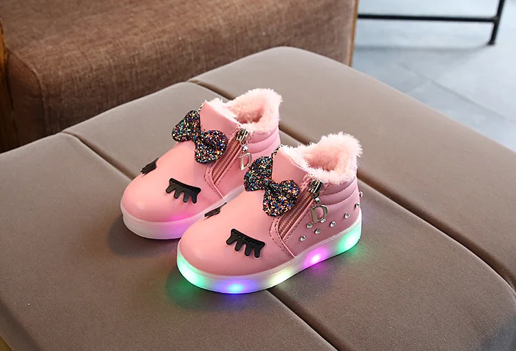 Зимняя детская обувь для маленьких девочек, со стразами, с ресницами, с бантом, светодиодный, светящаяся обувь, кроссовки, с бантом, с бриллиантами, Белая обувь