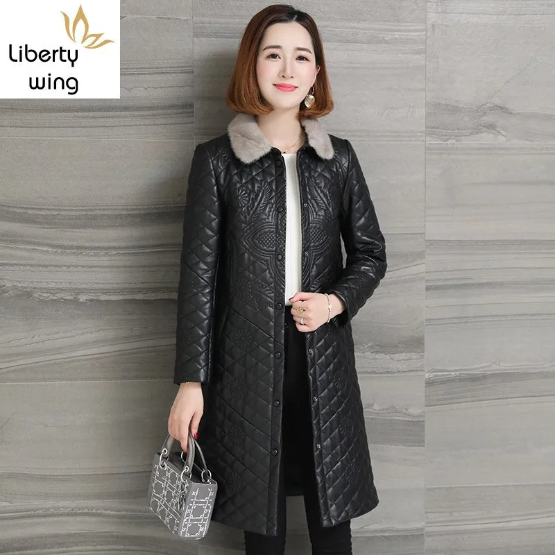 

Designer Genuine Leather Coat Women OL Style Embroidery Floral Thick Mink Fur Collar Sheepskin Long Jacket Overcoat Plus Size
