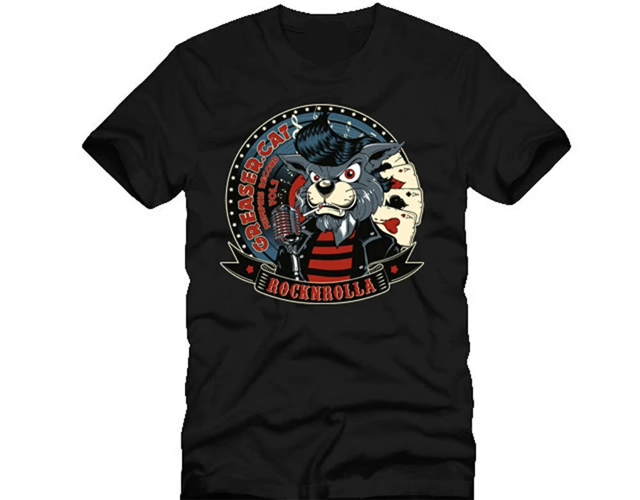 GREASER CAT ROCKNROLLA DTG Футболка черного цвета футболка Топы с короткими рукавами |