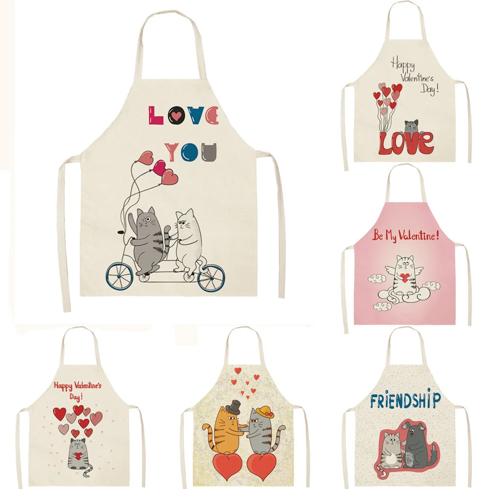 

Multifunction Antifouling Kitchen Aprons lovers Cat Printed Cotton Linen men women Chef Cooking Apron Cleaning 68*55 0038