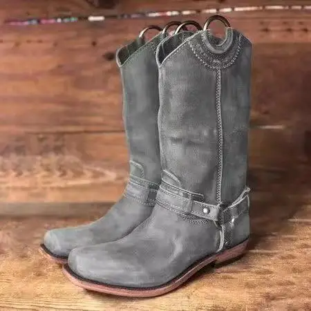 gray Женские сапоги до середины икры на низком каблуке; chaussure; винтажные сапоги-гладиаторы из искусственной кожи без застежки В рыцарском стиле; женская обувь; zapatos mujer sapato HP2247 - Цвет: gray
