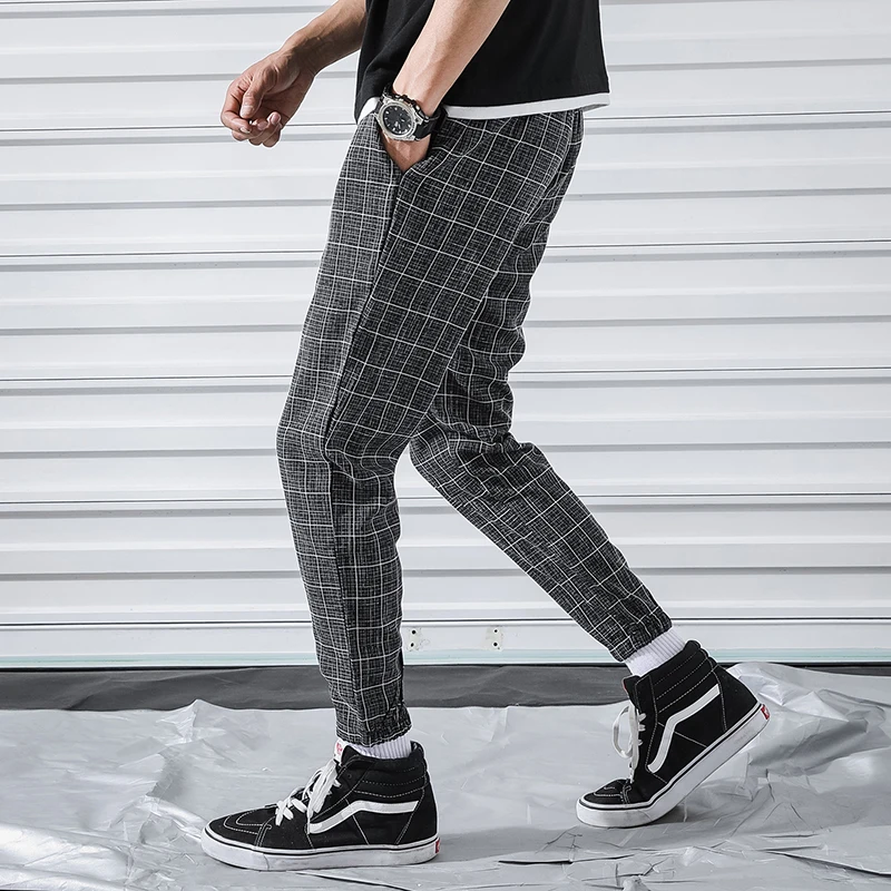 

2019 Men Full Cotton Plaid Trousers Slim Fit spring Men's Slim casual Long Pants pantalones hombre Male Harem Jogger Pants