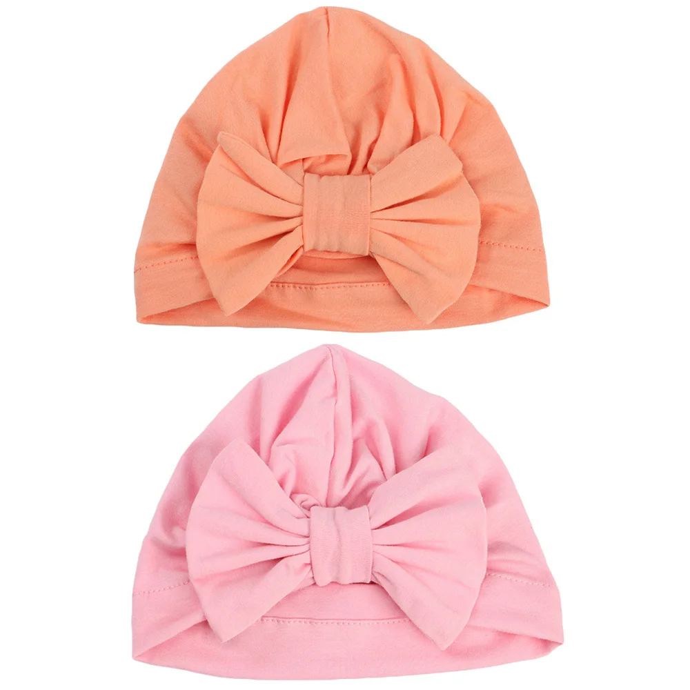 Orange-Pink 2 упаковки для маленьких девочек; эластичная шапка-тюрбан с бантом; Шапка-бини - Цвет: Orange-Pink
