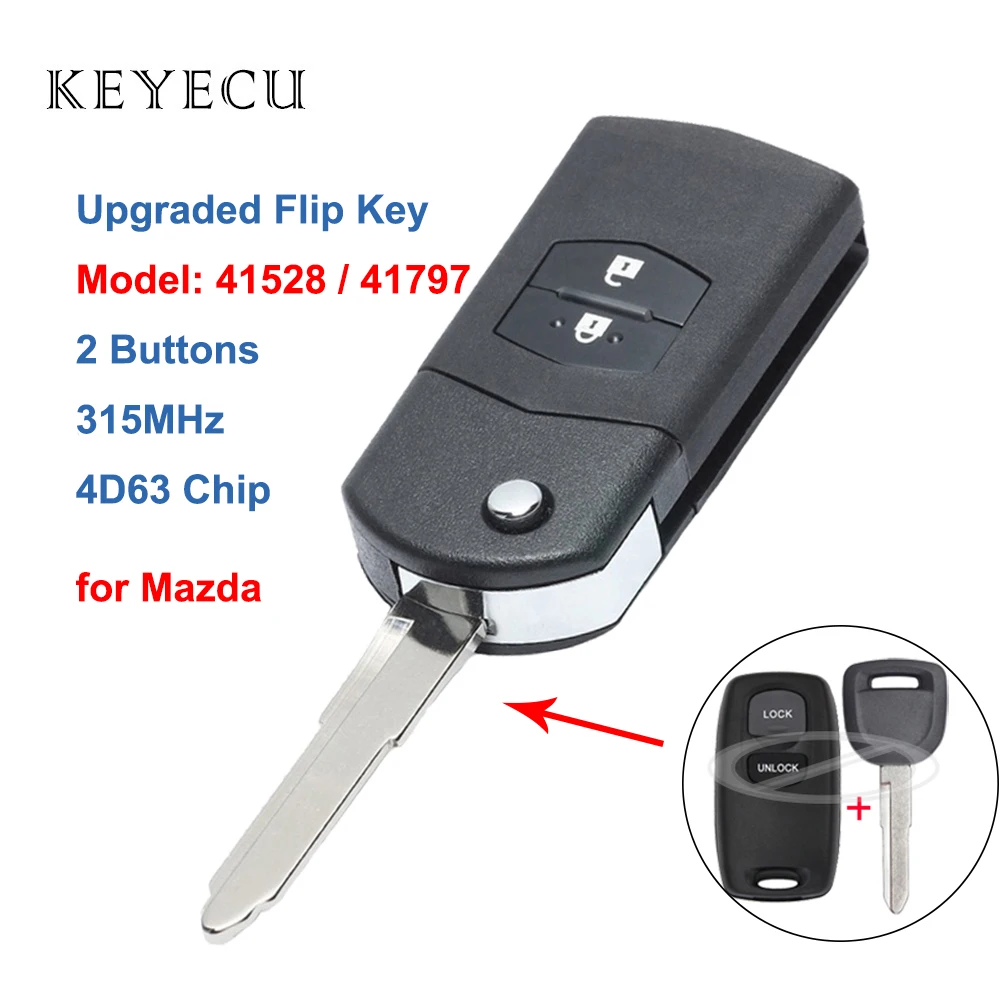 Keyecu Upgraded Flip Remote Car Key 2 Buttons 315MHz 4D63 Chip Fob for Mazda Visteon Model No. 41528 or 41797
