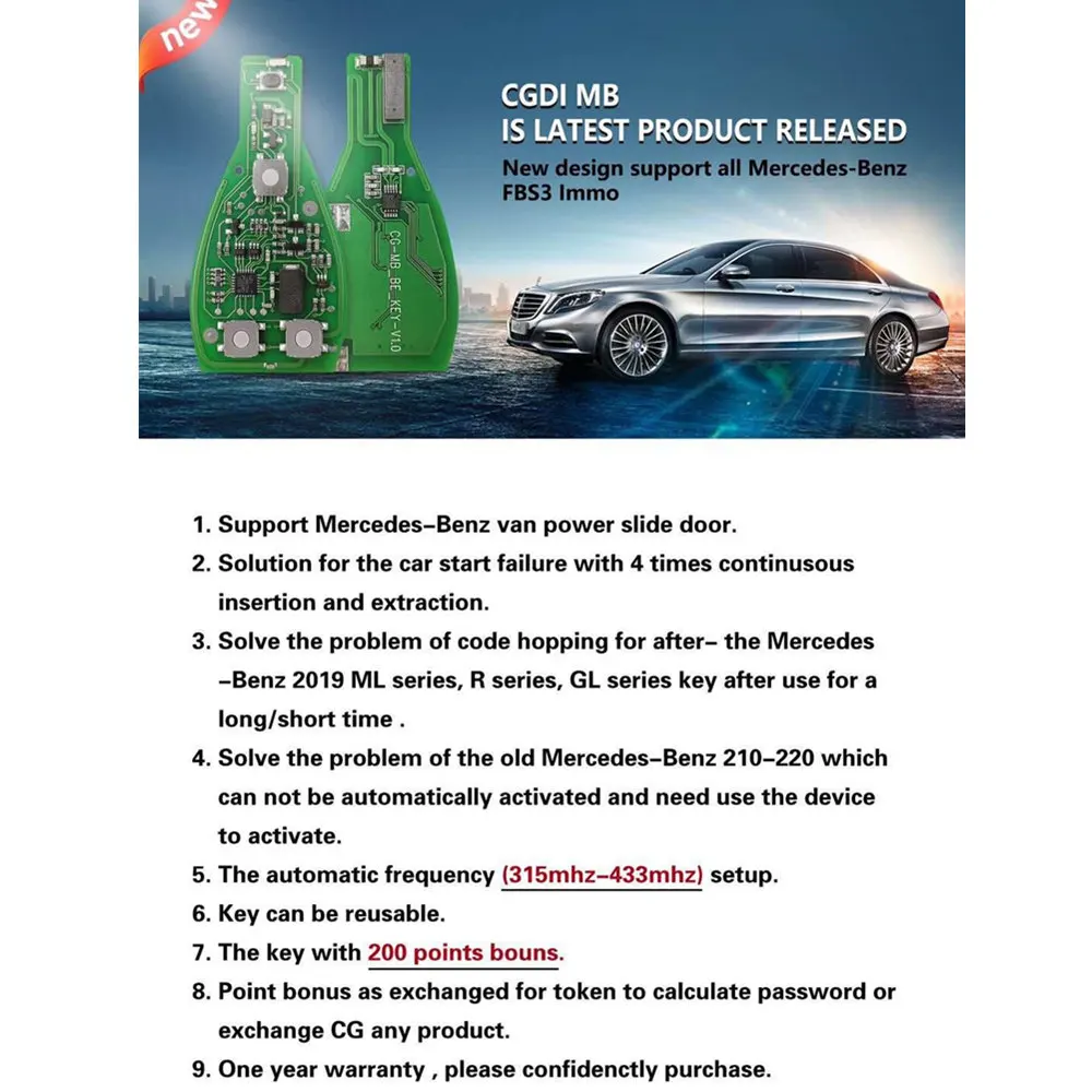 HKOBDII CGDI MB ключи для Mercedes-Benz Van power slide двери автоматические 315 mhz-433 mhz Настройка с 200 points Bouns многоразовый ключ