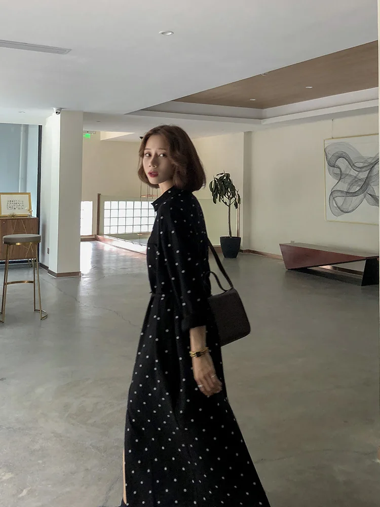 

Loose-Fit Slit Mid-length Shirt Dress Female Autumn New Style Waist Hugging Polka Dot Long Sleeve Base Long Skirts
