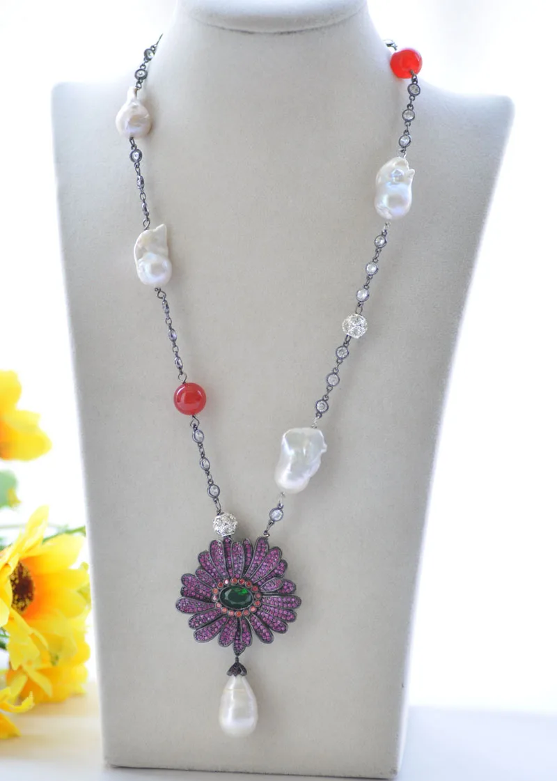D0442 2" CZ цветок БАРОККО Кеши жемчужное ожерелье кулон - Цвет камня: white  red