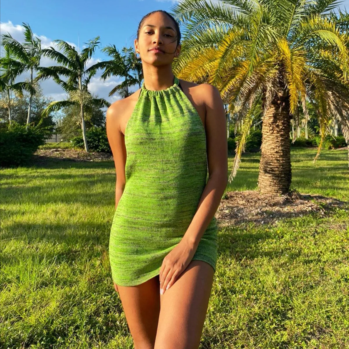Green Backless Mini Dress Women Halter 