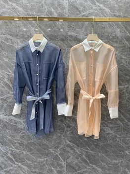 

2020 Spring and Summer New Women's Leaders Port Combination Chrome Tie-Waist Long Sleeve Long Blouse Shirt 413