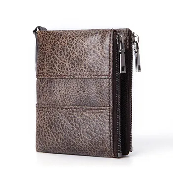 

New RFID Men Short Wallet Cowhide Leather Double Zipper Wallets Card Holder Coin Bag Men's Handheld Bags Multi-functions