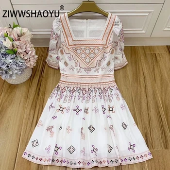 

ZIWWSHAOYU 2020 Summer Female Fashion Party Mini Short Dress Square Collar Embroidery Zipper Women’s Vintage Pleated Dresses