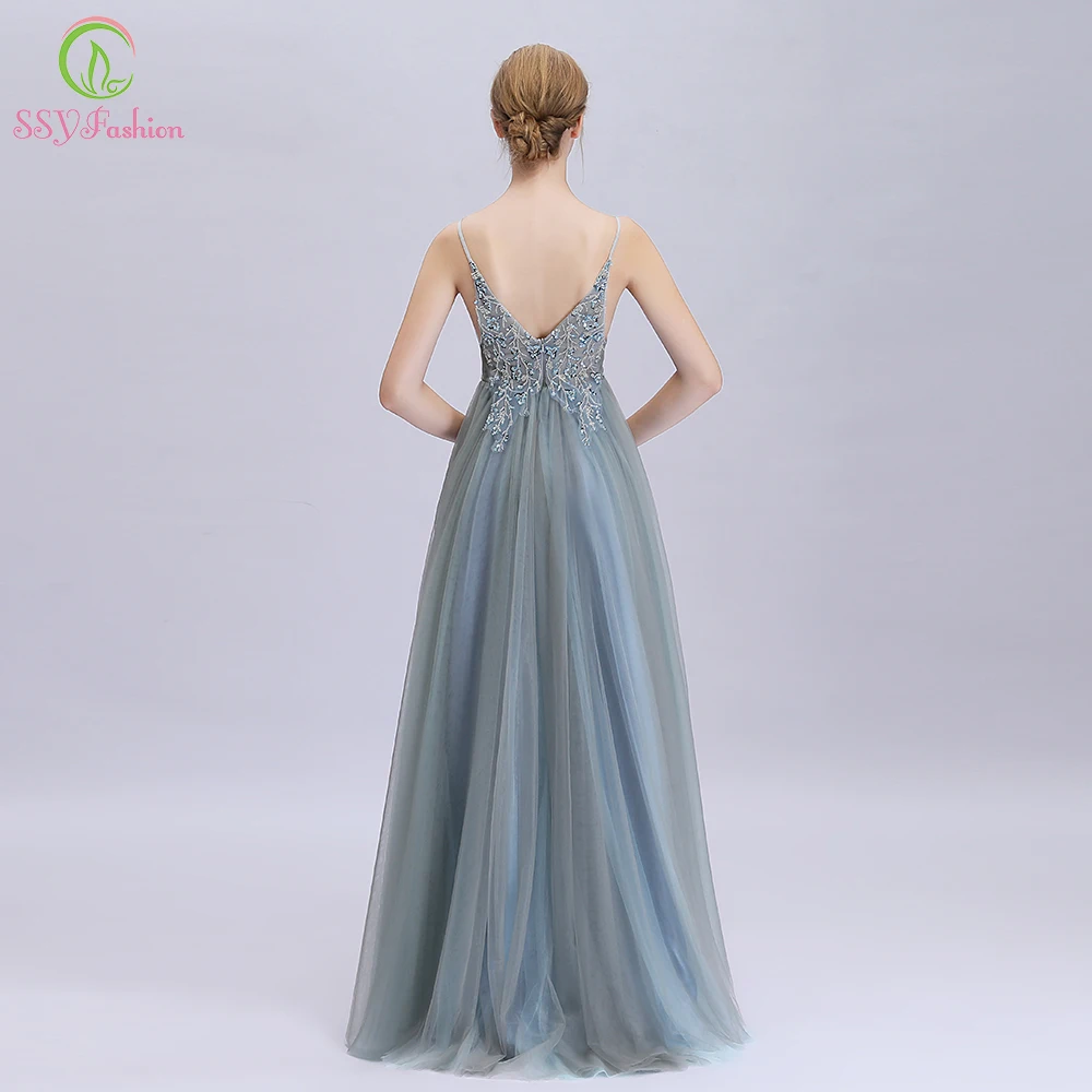 SSYFashion, новинка, сексуальное вечернее платье с v-образным вырезом, серое, зеленое, с блестками, с бисером, без спинки, в пол, вечерние платья, Robe De Soiree