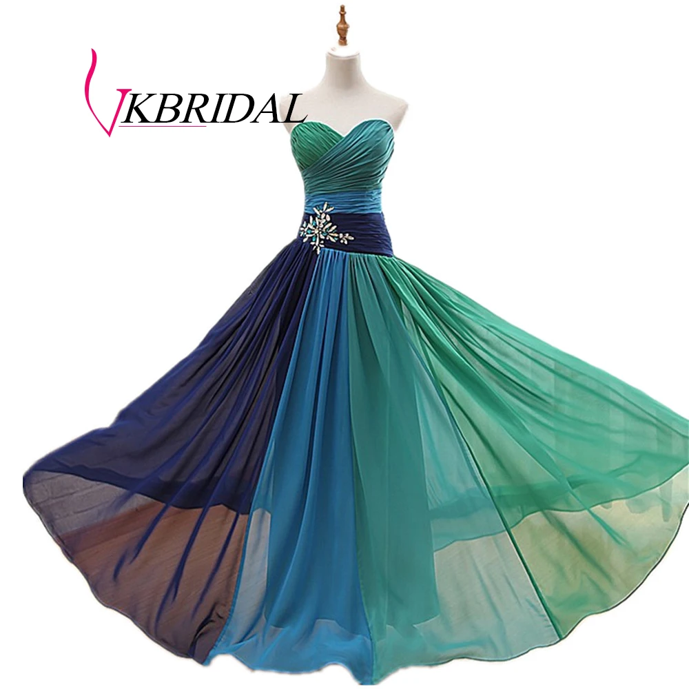 VKBRIDAL Павлин Длинные платья подружек невесты синий шифон плиссированные Кристалл свадебное платье для гостей вечерние Vestido de Festa