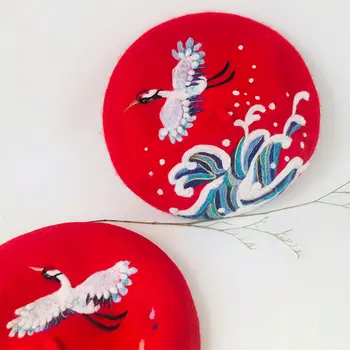 

Original Design Handmade Berets For Ladies Red Wool Felt Auspicious Crane Berets Women Winter Hats Flat Cap Christmas Present