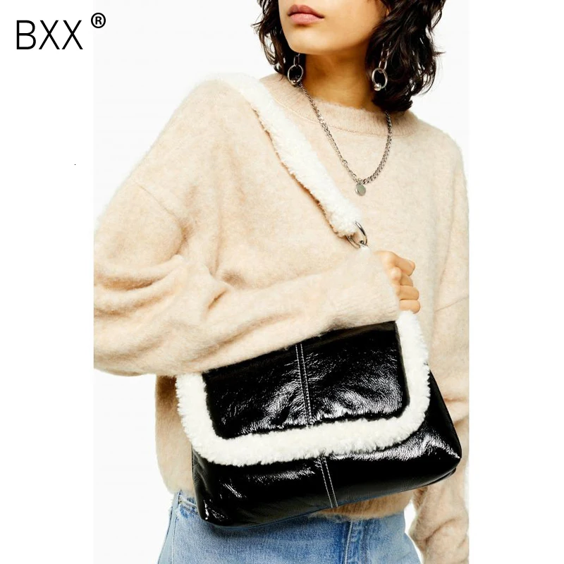 

[BXX] Faux Fur Chain Shoulder Bags For Women 2020 Winter Warm Designer Crossbody Messenger Bag Female Travel Handbags HJ432
