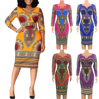 

2020 News African Print Dresses for Women Tribal Ethnic Long Sleeve V-neck Sexy Clothing Fashion Cocorful African Bazin Lace