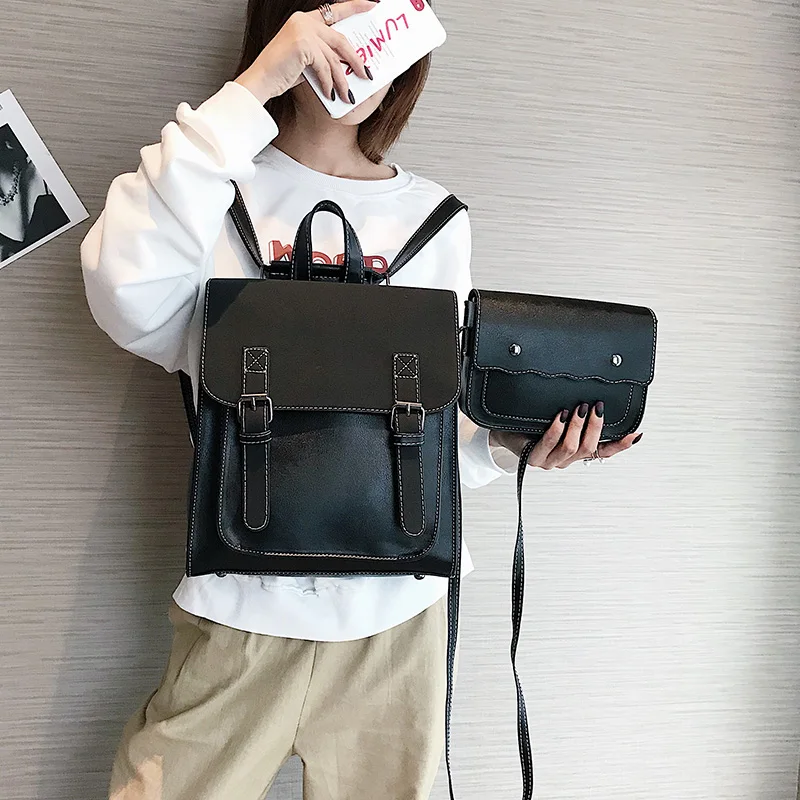 

Fashion 2 PCS/SET Leather Women Backpacks for Teenagers female Back Pack Large Capacity Pu Travelling Bags Vintage school bag