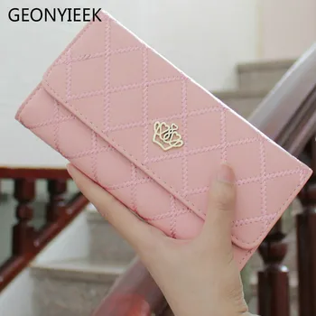 

2019 Crown Plaid Long Leather Three Fold Women Wallet Luxury Brand Designer Female Purse For ID Card Holder Phone Bag Day Clutch