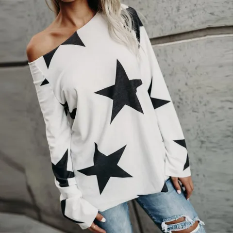 Star Print Long Sleeve T Shirt Women Off Shoulder Tshirt Jumper Pullover Tops Women Vintage Casual Loose Female T-shirts