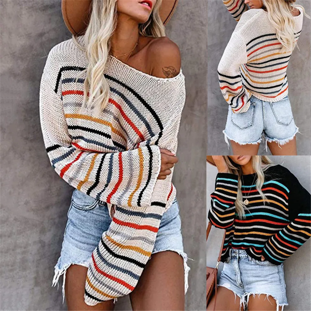 

Womens Sweaters Colorful Striped Slash Neck Long Sleeve Pullover Knitted Tops Autumn Plus Size Female Sweaters