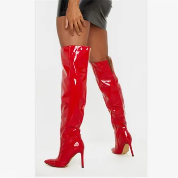 

Women Boots Patent Leather Pointy Toe Super High Thin Heels Over the Knee Long Boots Autumn Winter Zip Red Casual Party Shoes