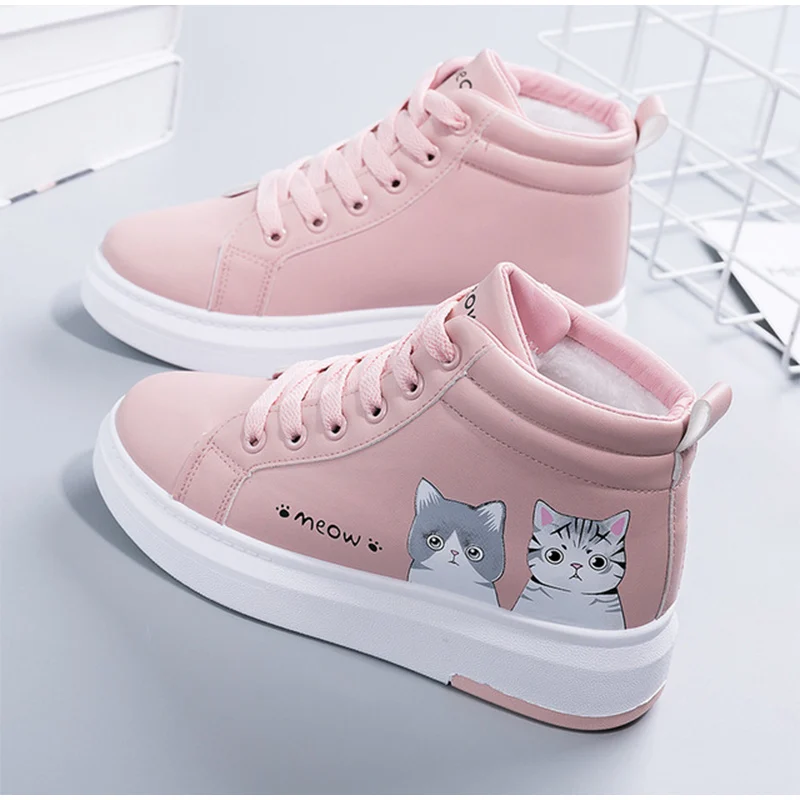 Pink Женские теплые кроссовки на меху; женская Вулканизированная обувь с перекрестной шнуровкой; Женская Повседневная Удобная Обувь из искусственной кожи с плюшевой подкладкой; Лидер продаж; Новинка - Цвет: Pink