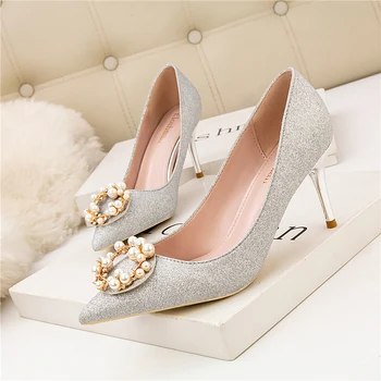 

2019 Woman Fetish 7cm High Heels Scarpins Sequin pearl Shoes lady Silver Gold Escarpins Talons Stiletto Wedding Cute Party Pumps