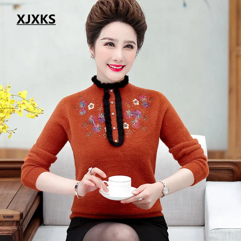 XJXKS Модный высококачественный кашемировый свитер с вышивкой из водной норки, Женский пуловер, зима, теплый женский свитер с высоким воротом - Цвет: Caramel