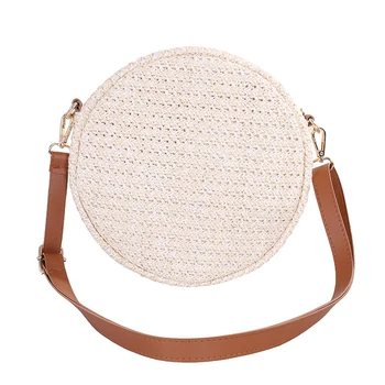 

ASDS-Round Shoulder Bag Summer Beach Travel Straw Bag Large Crossbody Bag for Women Hand Made Knitting Criss-Cross Messenger Bag