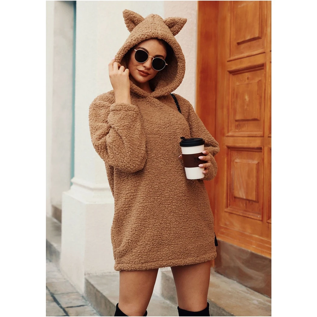 Женские меховые лохматые толстовки Kawaii с капюшоном и ушками, пуловеры, топы с длинным рукавом, пушистые толстовки, одноцветное универсальное худи Femme