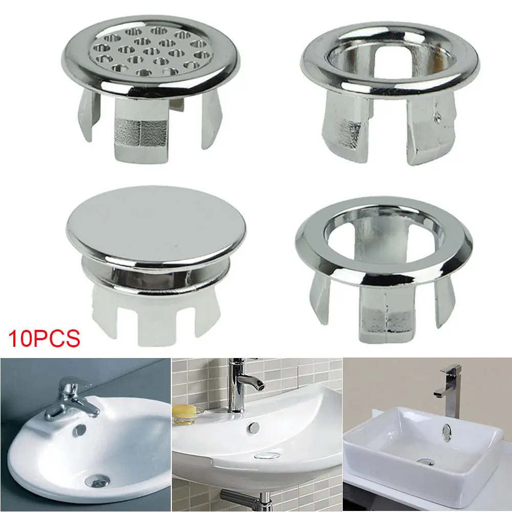 10pcs Silver Basin Durable Plastic Bathroom Accessories Trim Cover Kitchen Overflow Ring Drain Cap Insert Round Sink