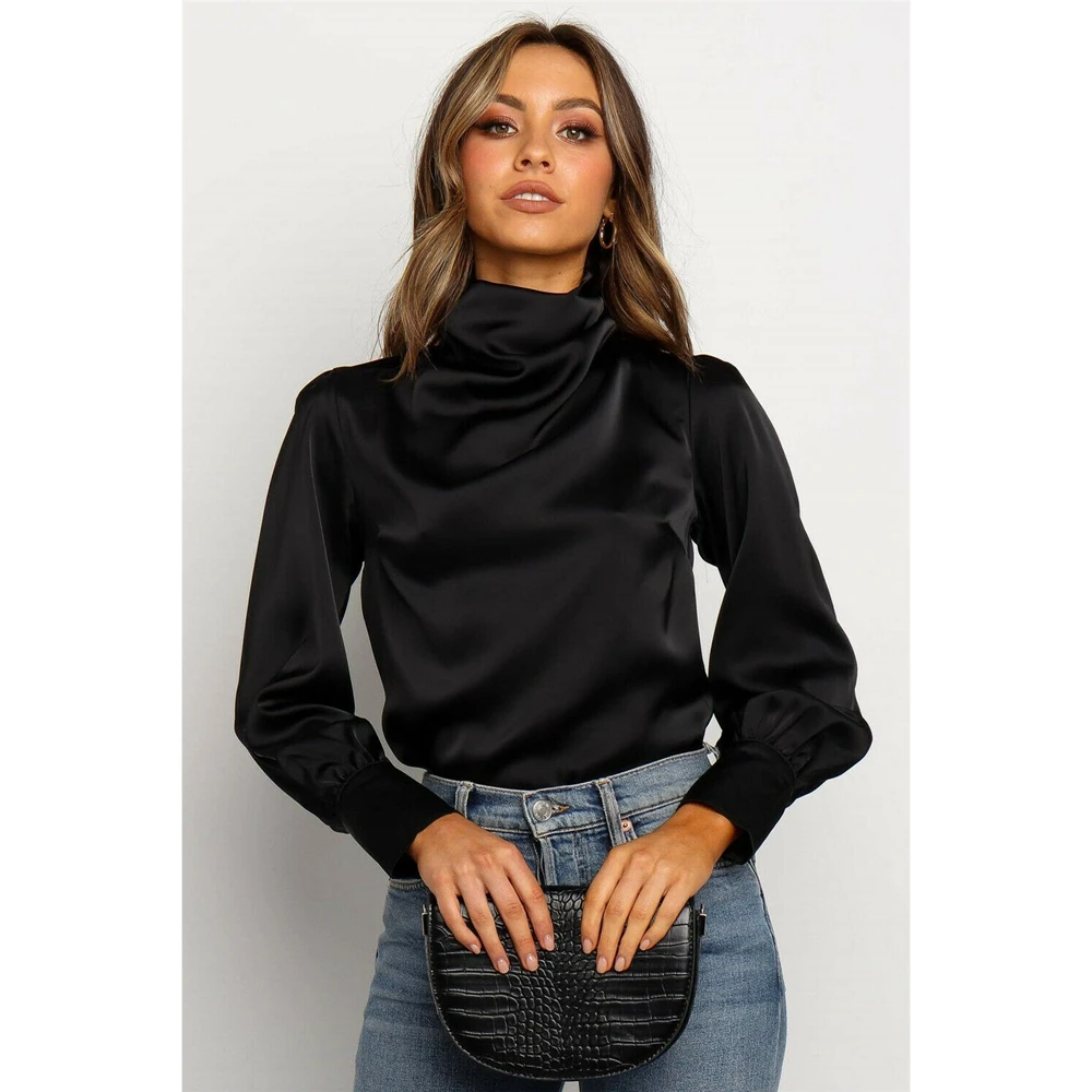

Elegant Office Lady Women High Turtleneck Long Sleeve Pullover Black Loose Satin Silk T-Shirt Ladies Autumn Casual Tops Tee