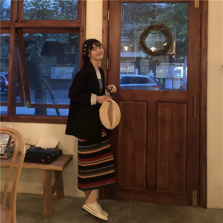 Радужные полосатые длинные юбки, женские шерстяные юбки, вязаные осенние зимние Лоскутные облегающие винтажные юбки средней длины для девушек V844