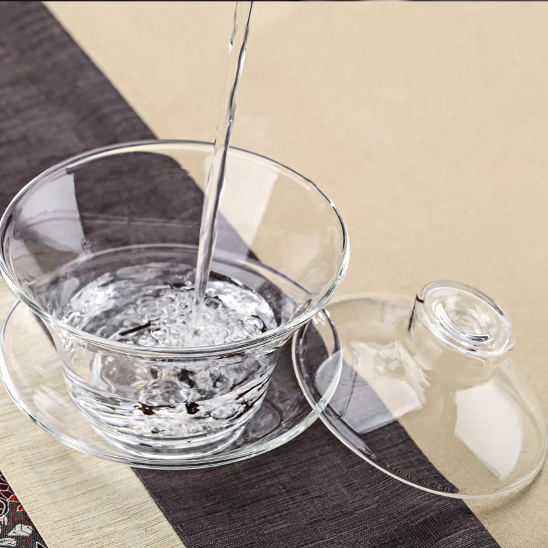 Glass Tea Cup and Tea Lid Set Transparent Gaiwan Chinese Teaset Sancai Bowl Single Thick Heat-Resistant Cover