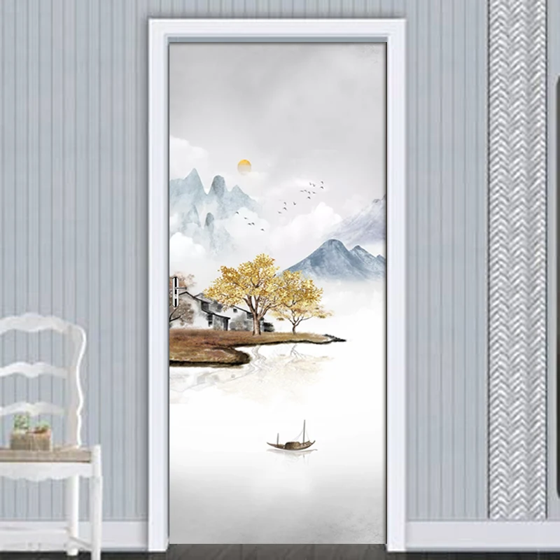 

PVC Waterproof Self-adhesive 3D Door Sticker Chinese Landscape Scenery Retro Decal Parlor Bedroom Door Decor Wall Sticker Mural
