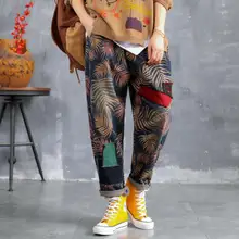 Осень, роскошные корейские женские винтажные джинсовые штаны-шаровары, женские лоскутные джинсы с цветочным принтом, повседневные эластичные брюки p176