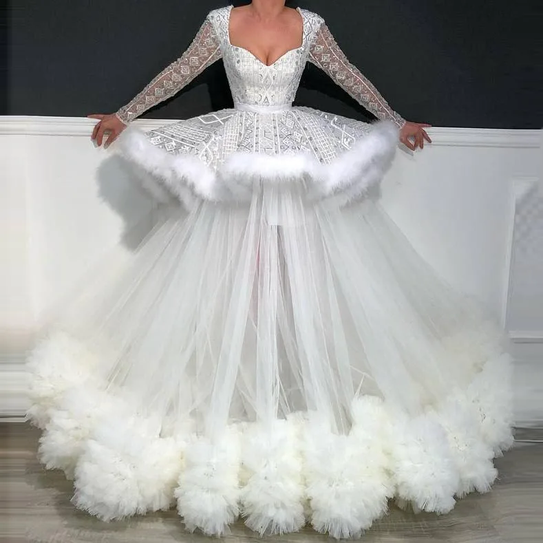 

Tulle Sequin Fur Wedding Dress Sweetheart Long Sleeve Lace Tulle Ball Gown Ruffle Layered Tulle Evening Dress For Bridal Feather