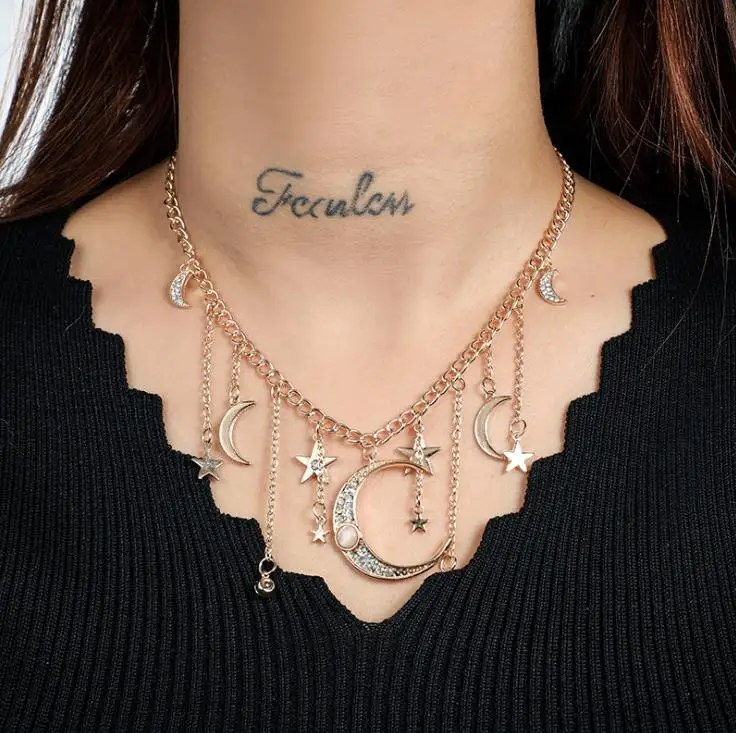 Модное ожерелье с подвеской в виде Луны и нескольких звезд новое Золотое колье