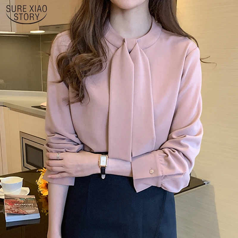 Blusas de gasa manga larga para Mujer, Tops Blusas holgadas con lazo, ropa de moda rosa para 13047|Blusa| - AliExpress