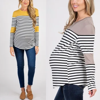 

NEW Casual Striped Women Long Sleeve Maternity Tops Breastfeeding Tops Ladies T-Shirt Loose Pregnancy Loose Clothes T Shirt