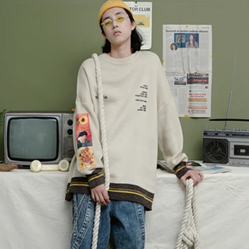 

Oversized Sweater Men Pullovers Gengar Autumn Van Gogh Print Clothing Causal Harajuku Girl Knitted Hip Hop Sweater Y2K Pullovers