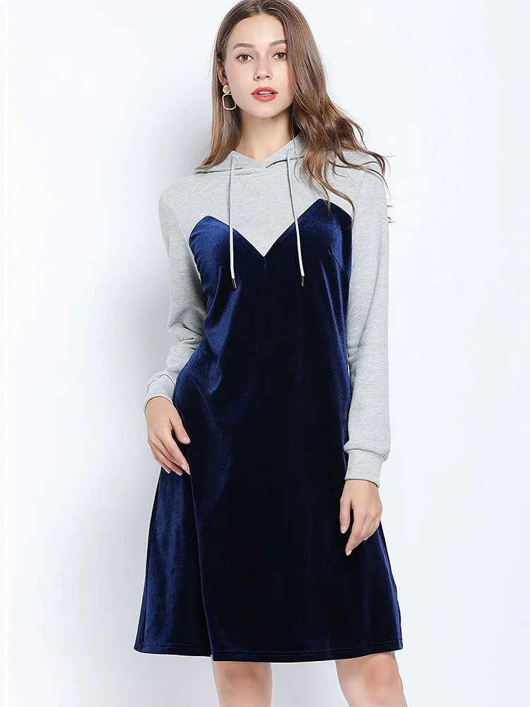 Новинка года; Осенняя Длинная толстовка золотистого бархата с капюшоном; Vestidos; длинный рукав; контрастный цвет; Женские Повседневные свитера большого размера; L-5XL