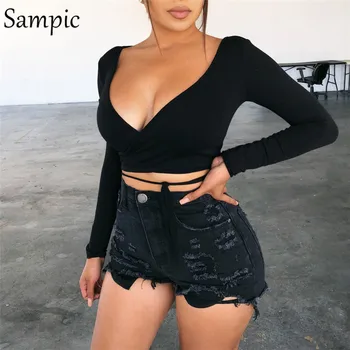 

Sampic Long Sleeve Casual T Shirt Women Crop Top White Black Sexy Shirt Fashion Summer Autumn V Neck T Shirts