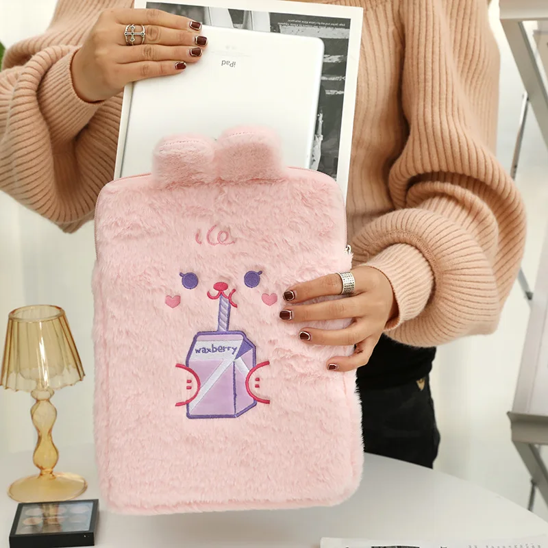 Flannel Bear Handbag Soft 10.5 11inch Mac Ipad Case Holder Cartoon Cotton Travel Business Ipad Case Purse Embroidery Cute Bag