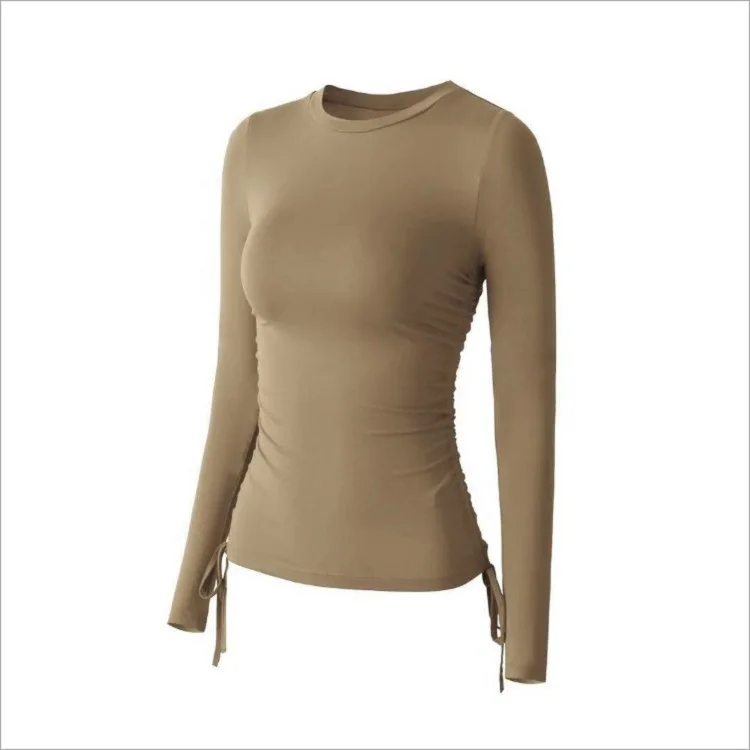 Side Drawstring Long Sleeves Autumn Winter Women O Neck Yoga Shirts Breathable Quick Dry Solid Color Running Fitness T-shirts